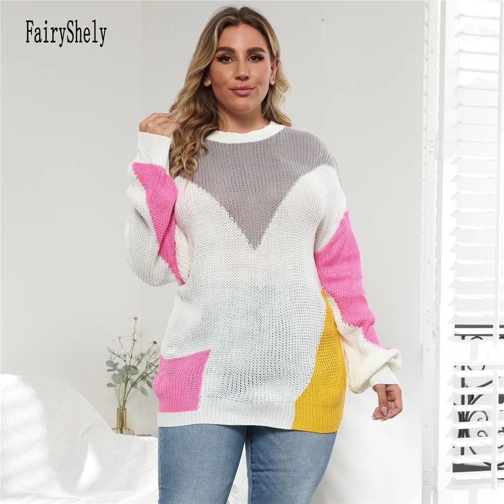 2024 Winter Patchwork Plus Size Sweater Women O-Neck Large Pullover Lady Casual Loose Oversize Jumper Big Jerseys Curvy Knitwear