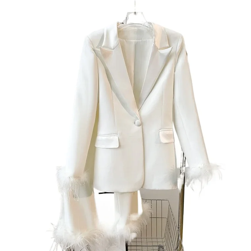 

Осенне-зимние новые повседневные костюмные брюки с одной пряжкой, простые белоснежные куртки с нерегулярными лацканами, женские удобные брюки