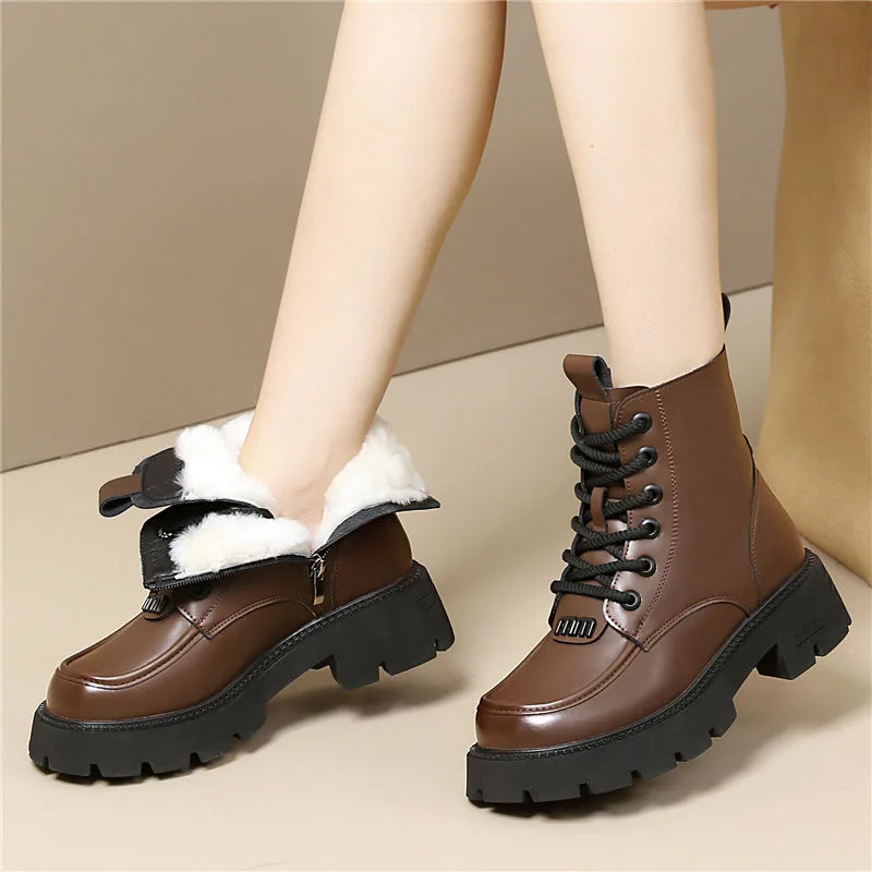 Winter Women Shoes Round Toe Chunky Heel Boots Genuine Leather Shoes for Women Warm Wool Snow Boots Zipper Platform Shoes Women