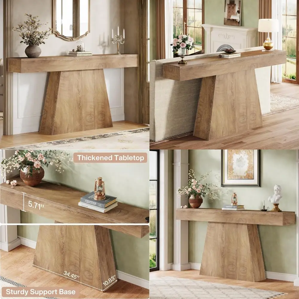 Farmhouse Style Entryway Console Table with Trapezoidal Base, Long Narrow Wood Sofa Table for Behind Couch, Rustic Look