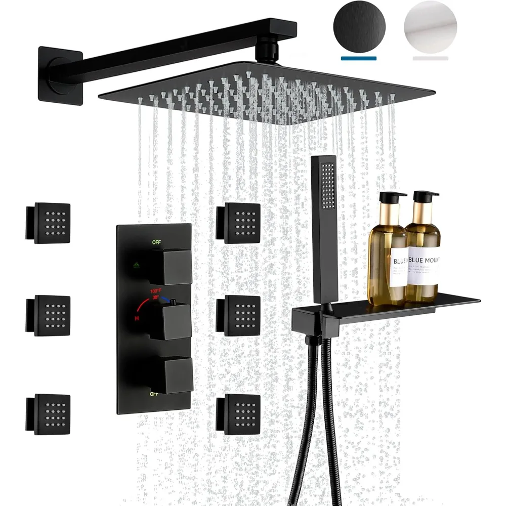 

Matte Black Bathroom Shower System, 12 Inch Thermostatic Bathroom Mixer Shower Faucet Set, Wall Mounted Rain Shower Head with