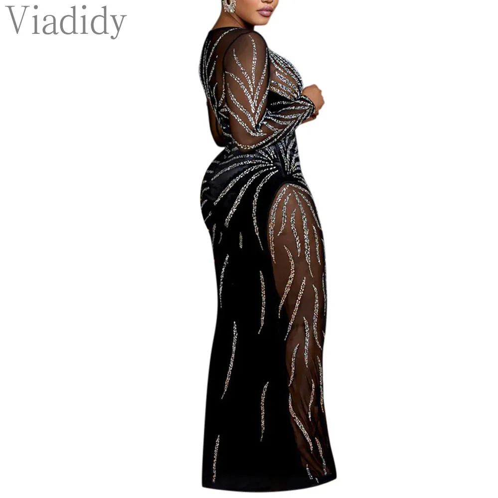 Women Sexy See Through Sheer Mesh Spliced Rhinestone Decor Floor-length Velvet Party Dress