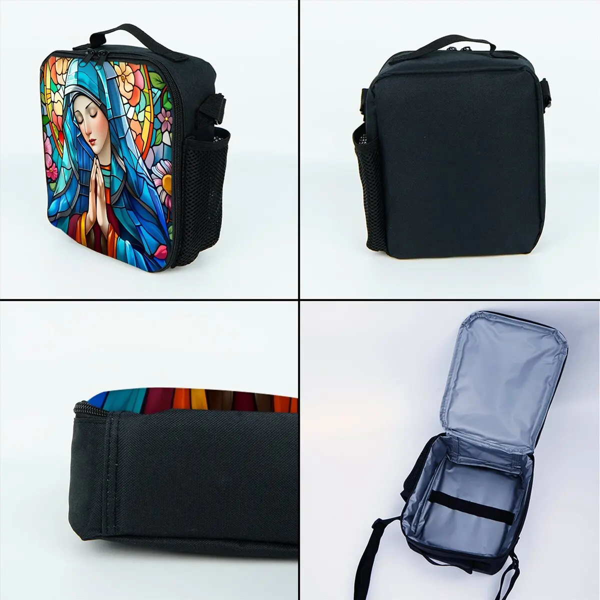 Set Tas Troli Beroda Motif Bunda Maria dengan Kotak Makan dan Tempat Pensil, Tas Ransel Troli Sekolah untuk Anak Perempuan/Laki-laki