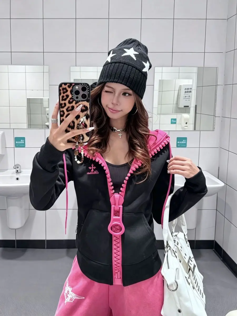 American contrasting color jackets for women big zipper embroidered sweatshirt womens spicy trendy street cardigan jacket