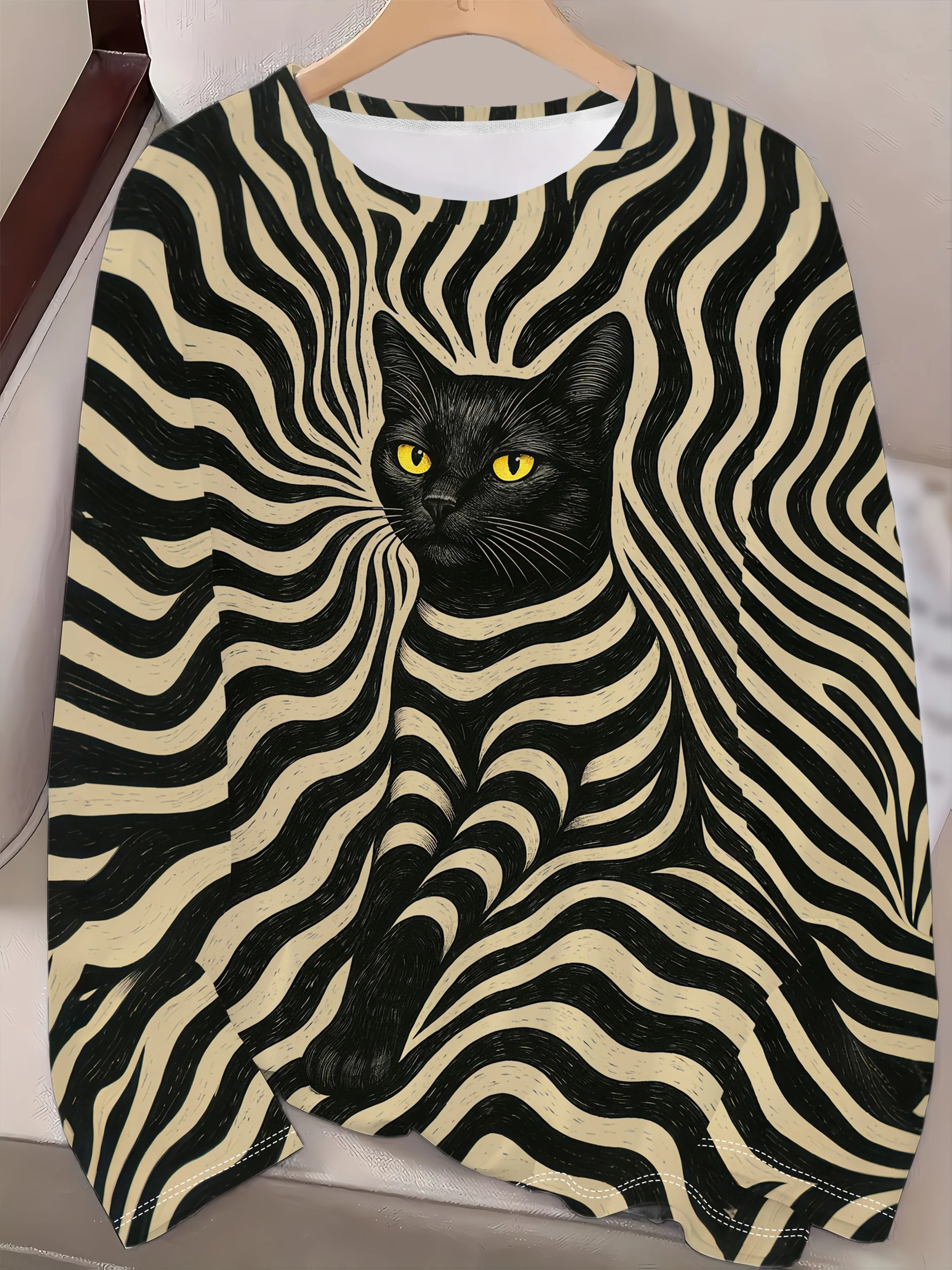 Women T‑Shirt Long Sleeve 3D Black Cat Swirl Stripe Print Tee Casual Street Female Wear Daily O‑Neck Fashion Top Women's Clothes