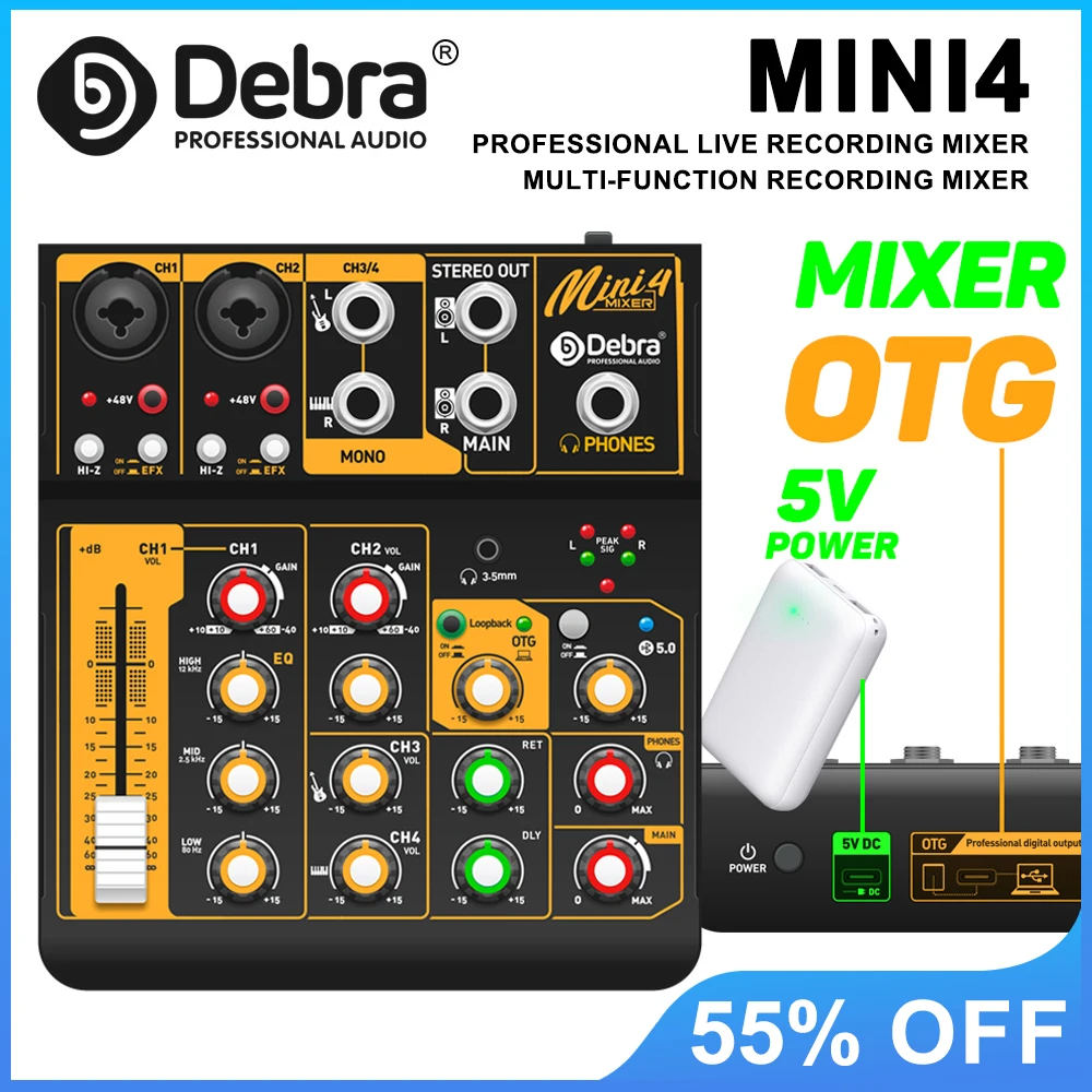 

Mini4 Live Recording Mini Mixer, Metal Body Audio Mixing Console, Bluetooth 5.0 Reverb 48V Phantom Power for Stage, PC Recording