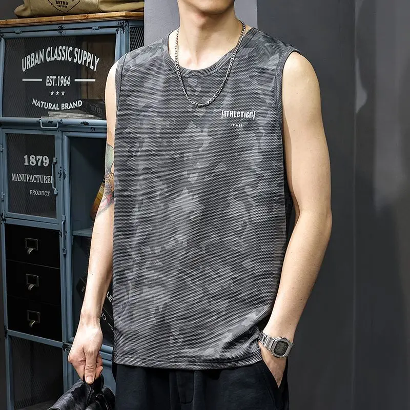 Men's Plus Size Quick Dry Ice Silk Sleeveless Tank Top Loose Fit Camouflage Basketball Vest Casual Summer Gym Sportswear