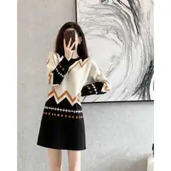 2024 Autumn Winter New All-match Temperament Knitting Sweater Dresses Interior Lapping Vintage Dress Ladies Loose Casual Dresses