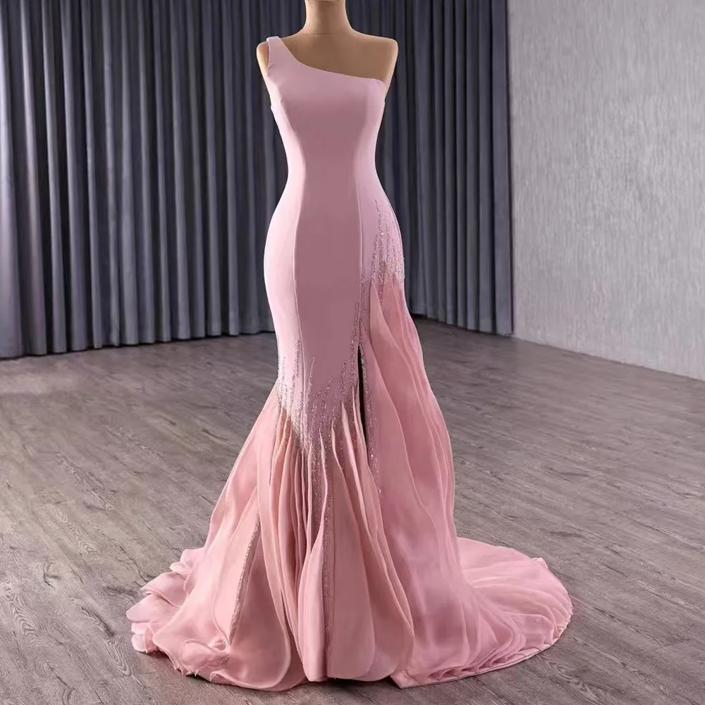 

Розовое вечернее платье без рукавов на одно плечо, на молнии, расшитое блестками, настраиваемое, элегантное женское вечернее платье-футляр