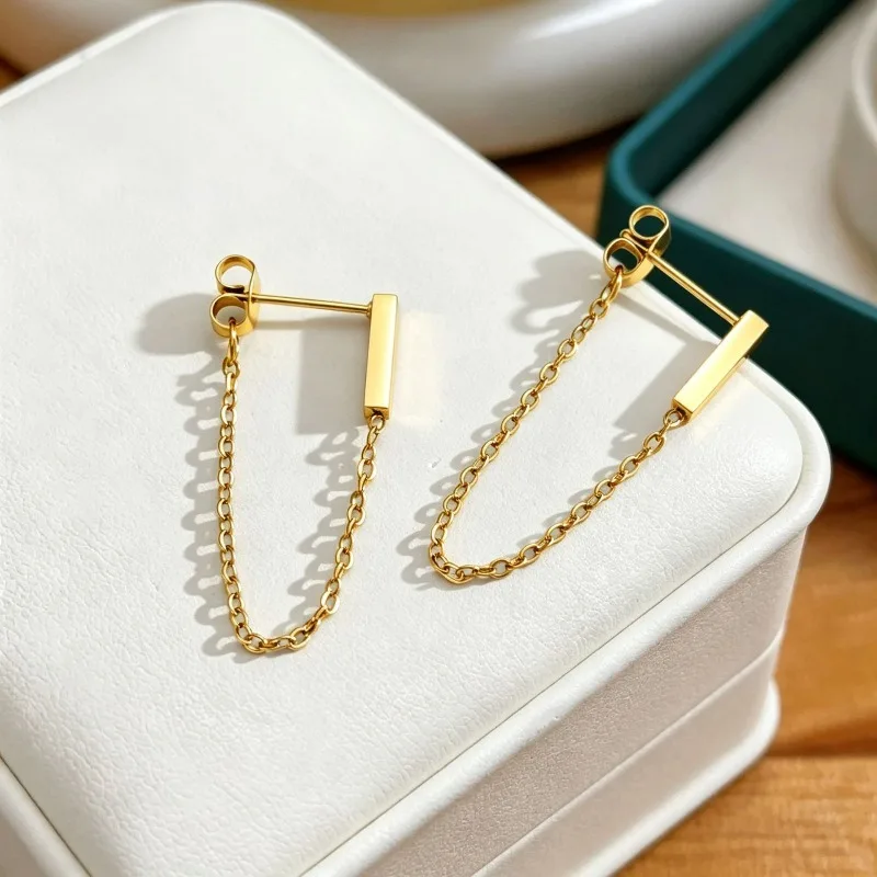 Minimalist Gold Color Stainless Steel Bar Tassel Chain Drop Earrings for Women Rectangular Dangle Earrings Trendy Jewelry Gift