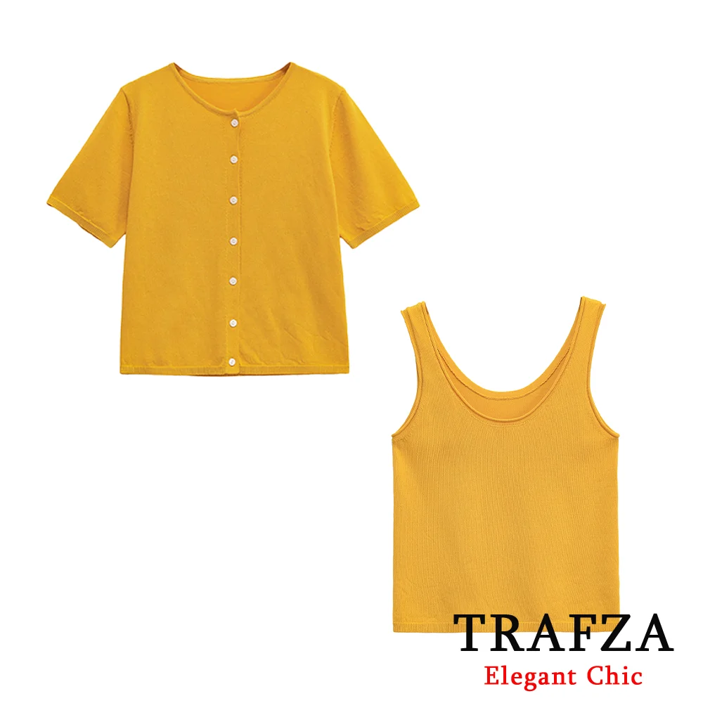 

TRAFZA Women Elegant Chic Solid Cardigan Or Tank Short Sleeve Button Cardigan OR Simple Tank Vest New Fashion Summer Casual Tops