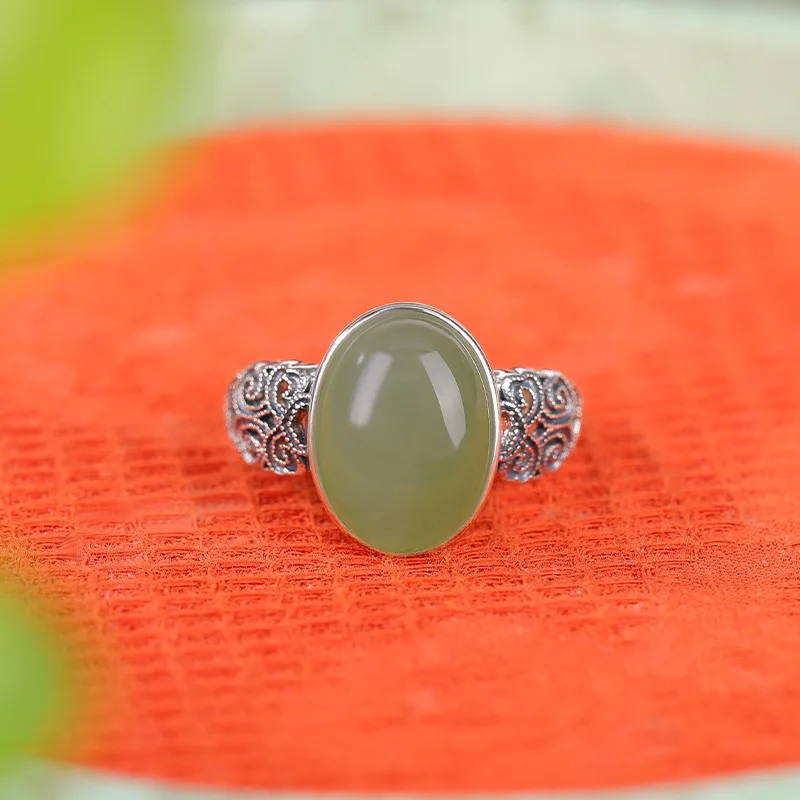 Natural Hetian S925 Sterling Jade Scroll Pattern Hollow Geometric Silver Ring