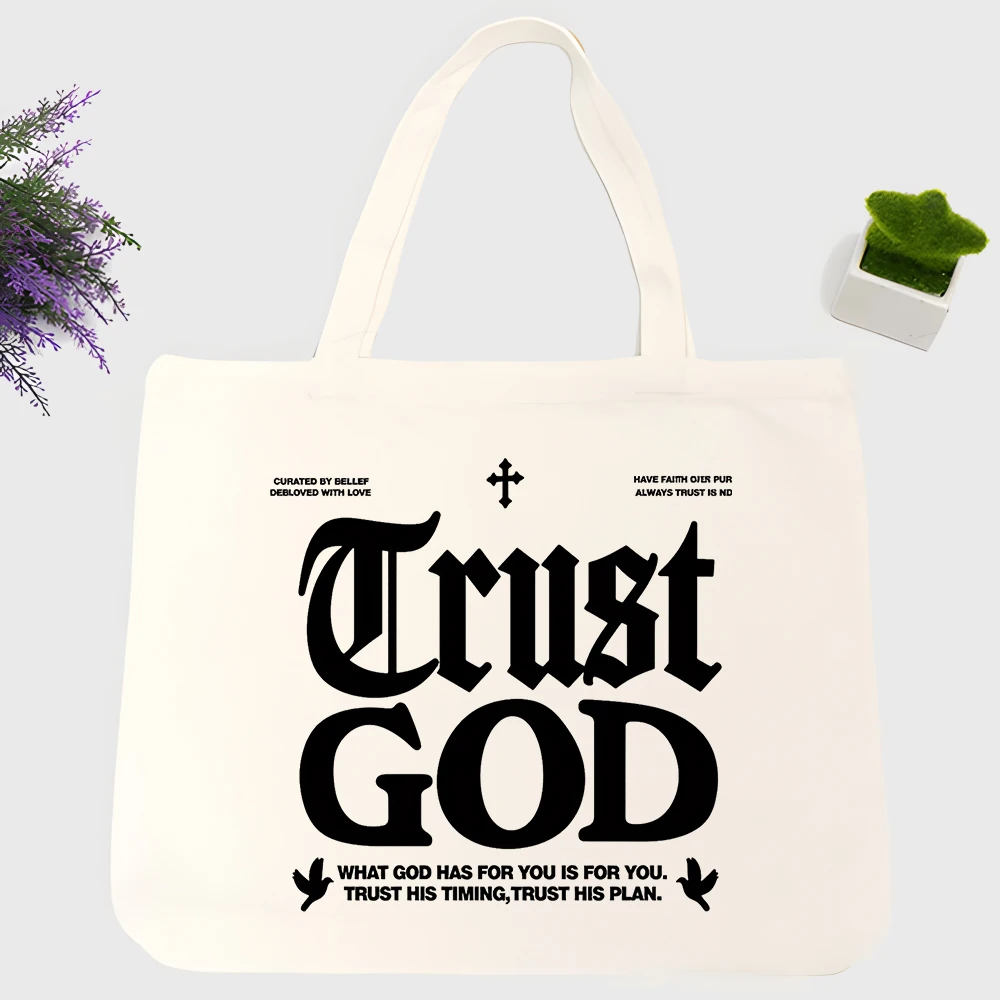 Men's religious typography canvas tote bag with cross graphic, perfect for daily use and casual outings