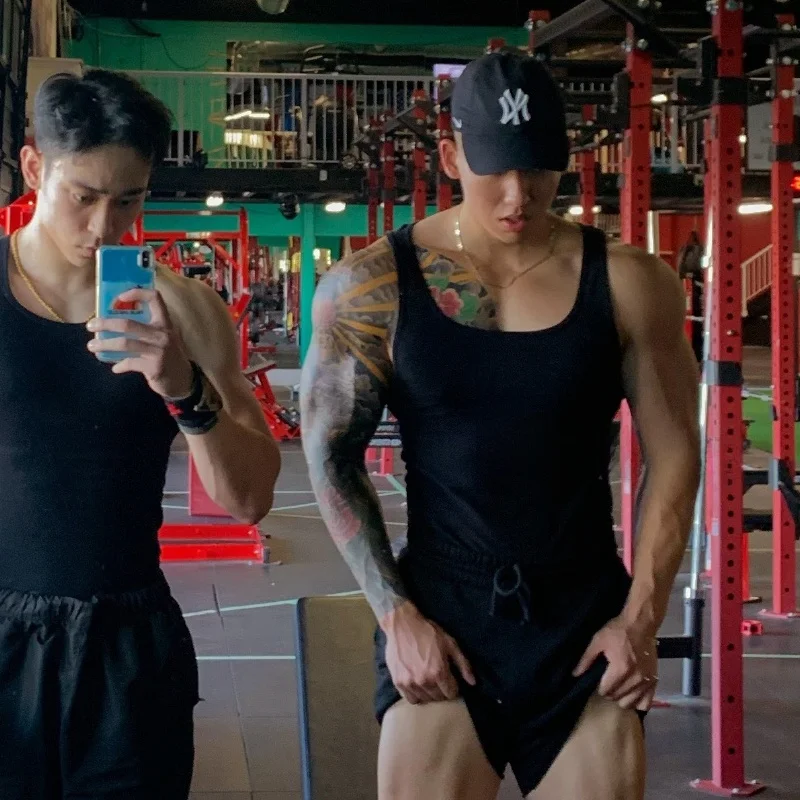 

Pure Cotton Large Size Bla Training Vest for Men Low Cut Square Collar Fitn Sport Exercise Tank Top