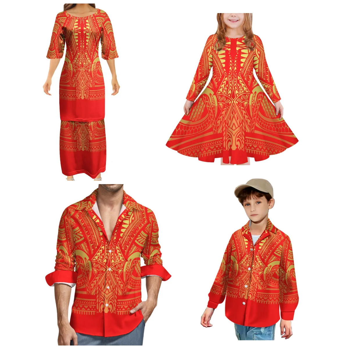 Robe à col rond pour femmes et hommes, chemise à manches longues, vêtements samoans traditionnels, grande taille, vacances, fête, famille trempée