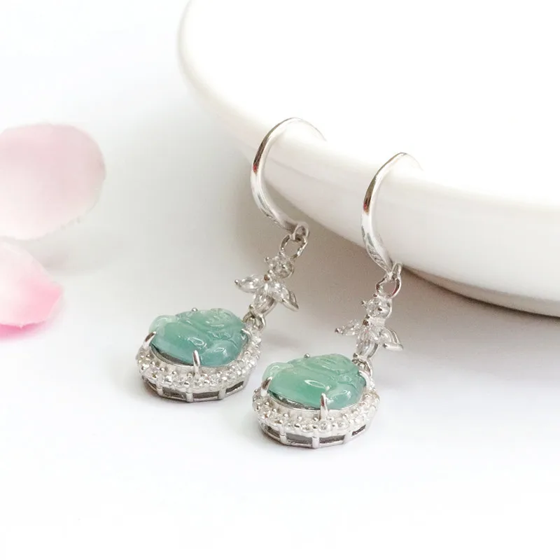 

Vintage S925 Silver Hook Earrings with Natural Jade Buddha Head, Bohemian Ice-Water Carving Jewelry