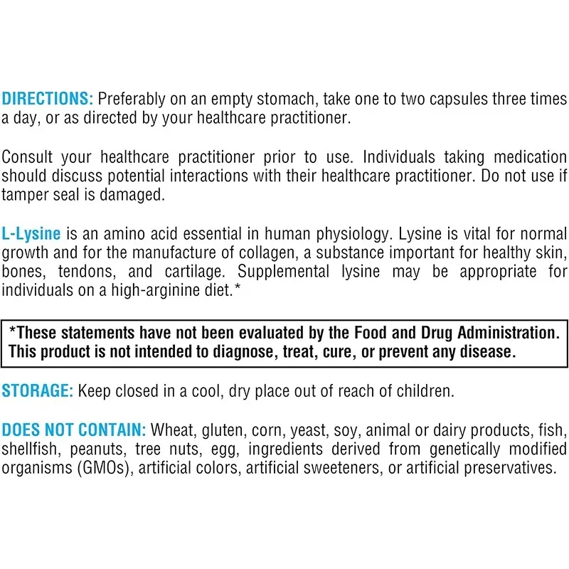 كبسولات إل ليسين 1000 ملغ - مكمل الأحماض الأمينية، يدعم تركيب الكولاجين