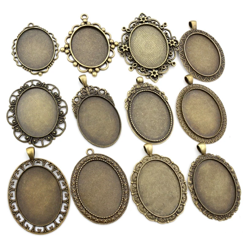 5pcs 30x40mm Inner Size Antique Silver Plated and Bronze and Black Cabochon Base Setting Charms Pendant