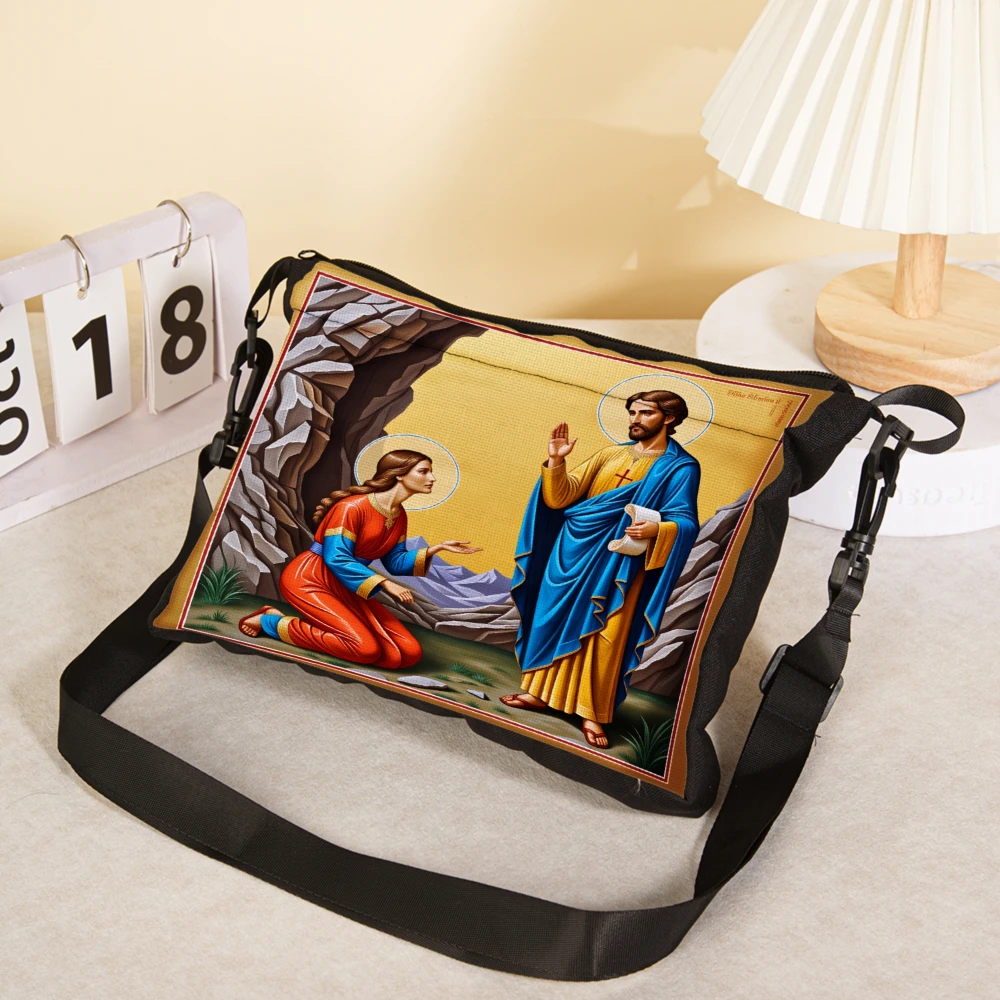Religious Art Crossbody Bag Black Jesus And Mary Painting Shoulder Bags For Church Events And Daily Use With Religious Symbolism