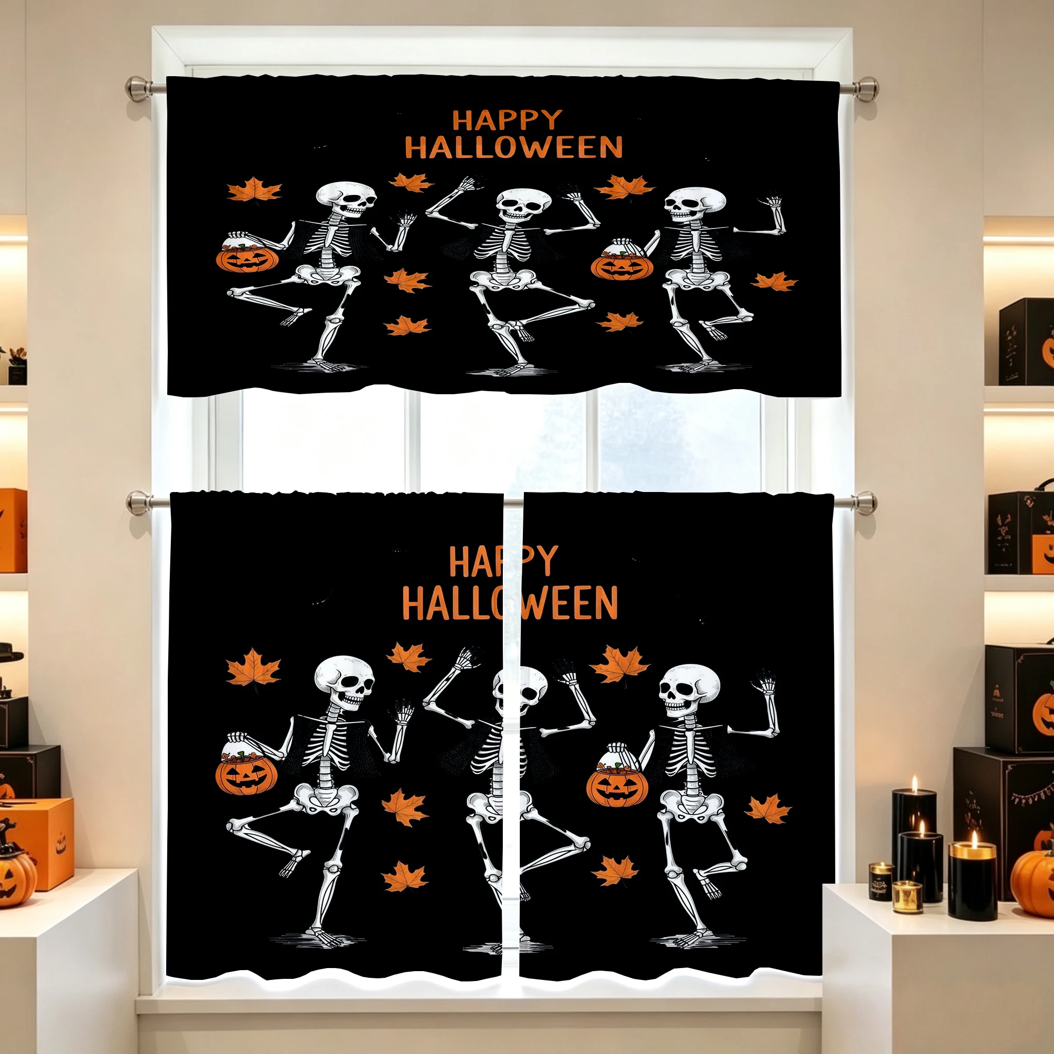 Halloween Fall Kitchen Curtains, Happy Dancing Skull, Digital Print, Kitchen Dining Room, Rod Pocket Polyester, Home Decor