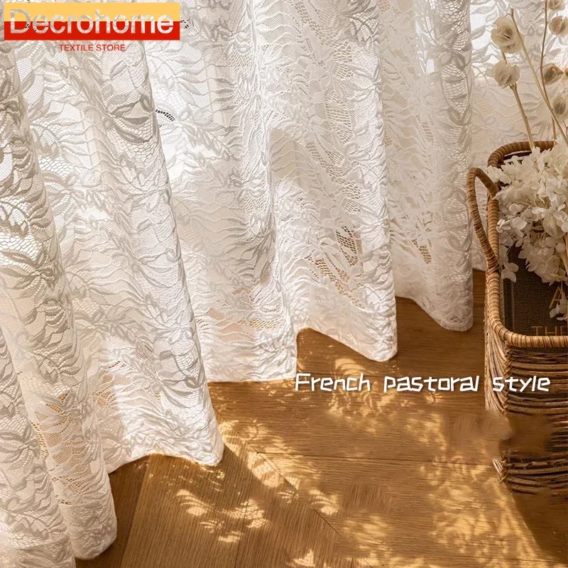 

French Romantic Embroidered Lace Curtains White Gauze Curtains for Living Room Bedroom Floor Window Floating Window Customised