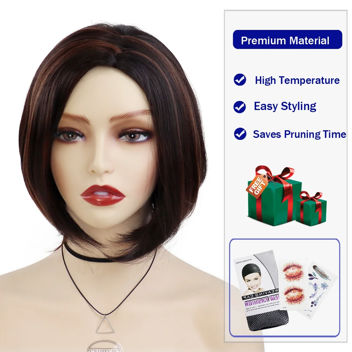 GNIMEGIL Brunette Brown Wig Natural Synthetic Hair Petite Size Wigs for Women Pixie Cut Short Highlight Hair Trendy Mommy Wig