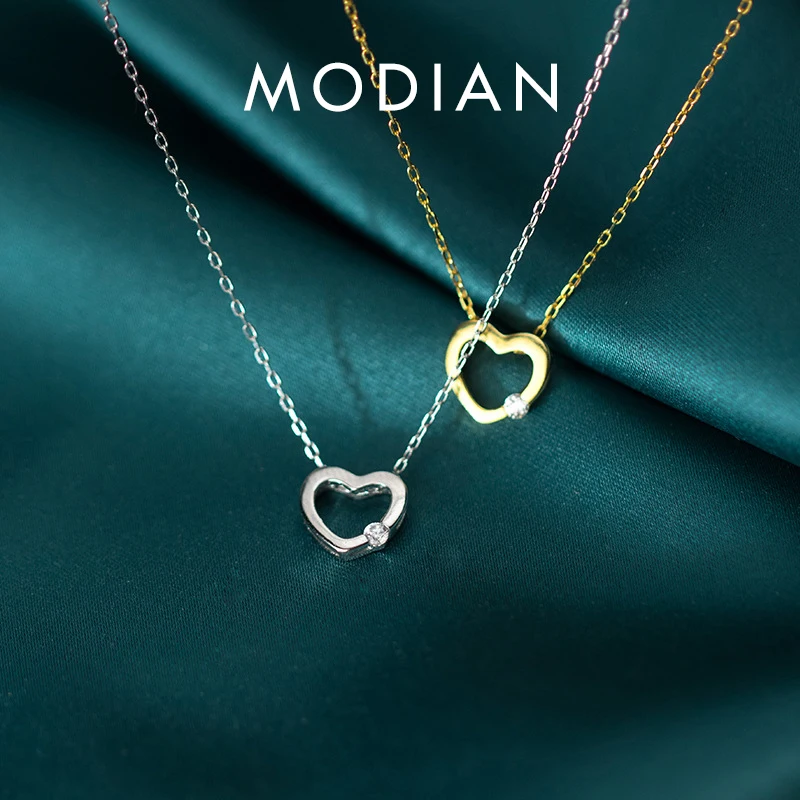 MODIAN 925 Sterling Silver Simple Gold Color Radiant Zircon Hollow Out Hearts Pendant Necklace for Women Fashion Fine Jewelry