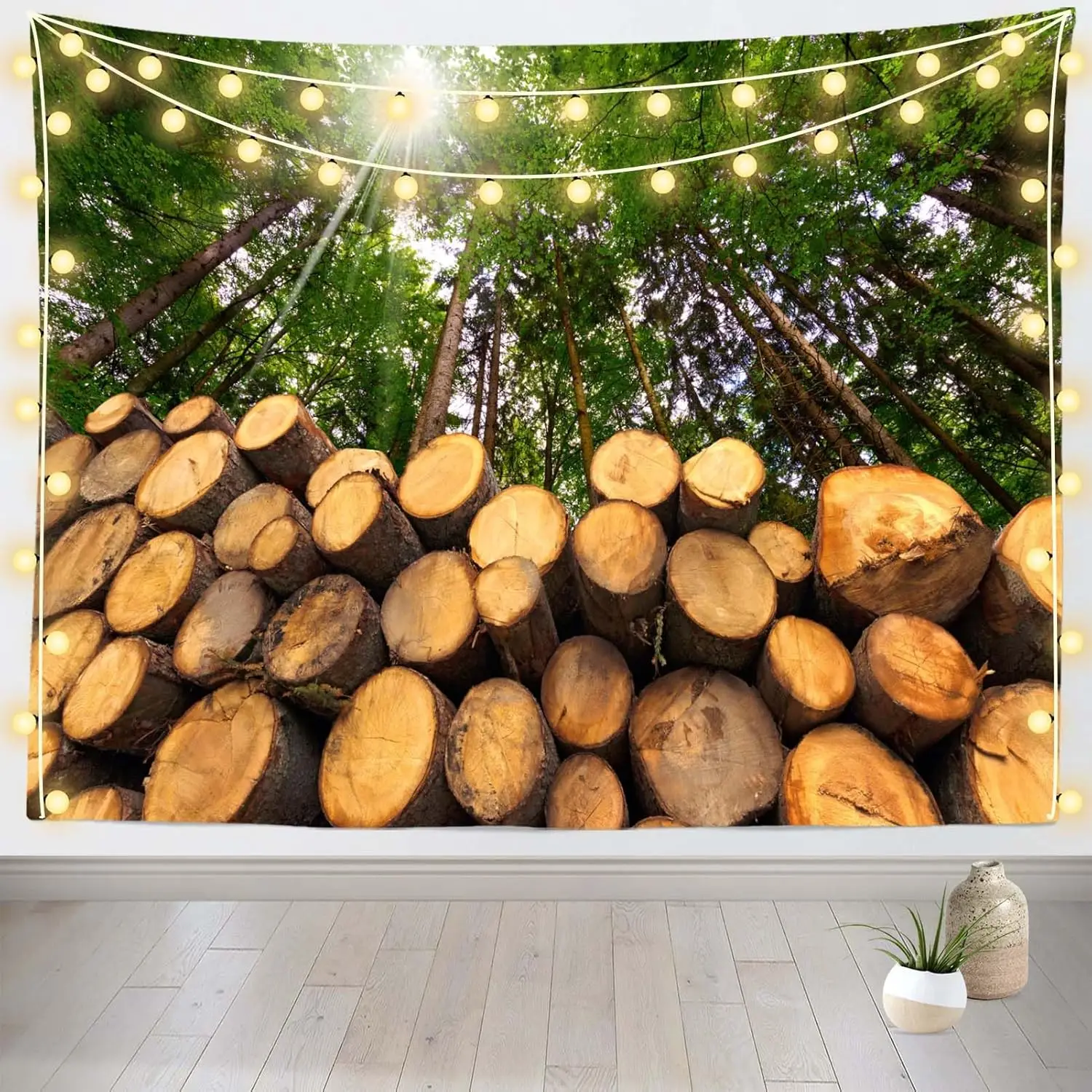 Forest Wooden Logs Tapestry Timber Logging Forest Green Tree with Sun Rays Wood Stacked Wall Hanging Tapestry Fireplace Firewood