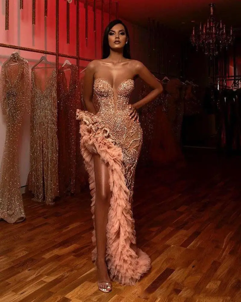 Champagne Blush Mermaid Prom Dresses Sparkly Beaded Ruffles High Slit Sweetheart Arabic Evening Dress Occasion Gown платье