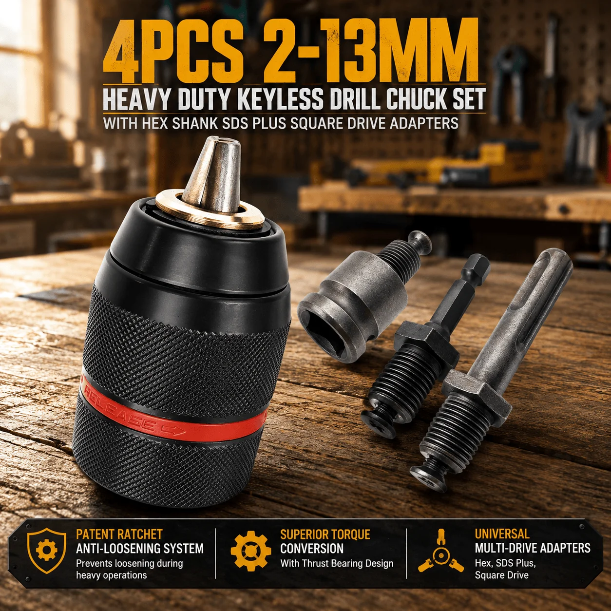 Keyless Drill Chuck SDS Plus Adapter 13mm Heavy Duty Quick Change Hex Shank Impact Driver Chuck Converter Patent Anti-Loosening System Superior Torque Conversion Universal Adapter Kit For 1050W Plus Percussion Drills Construction Grade Professional Power