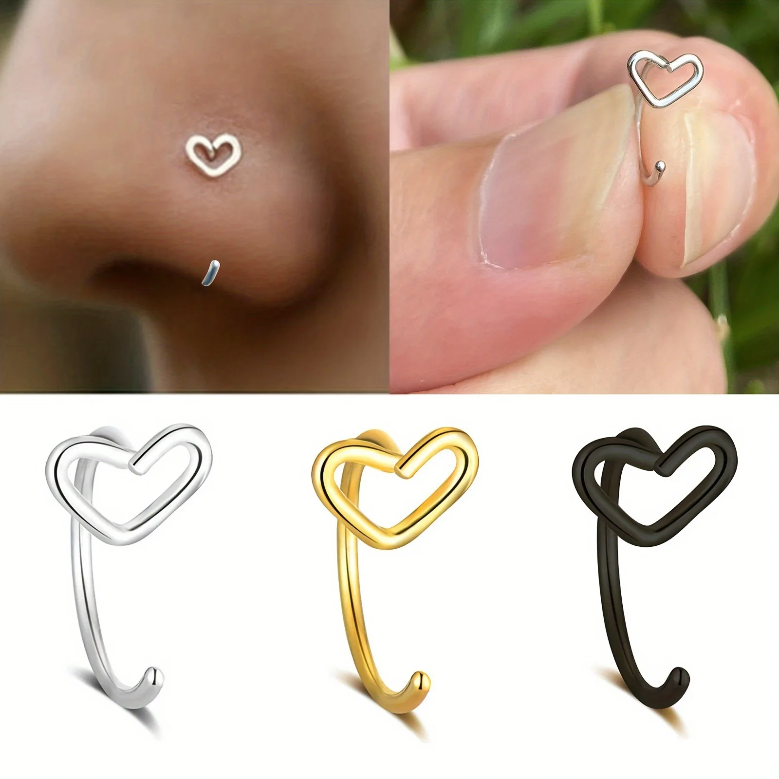 1PC Stainless Steel Heart Nose Rings Septum Clicker Hinged Segment Ring Nose Hoops Cartilage Helix Earring Body Piercing Jewelry