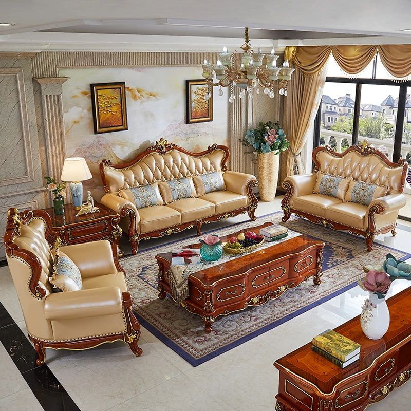 European style genuine leather sofa, solid wood carving, full decoration, top layer, cowhide sized villa