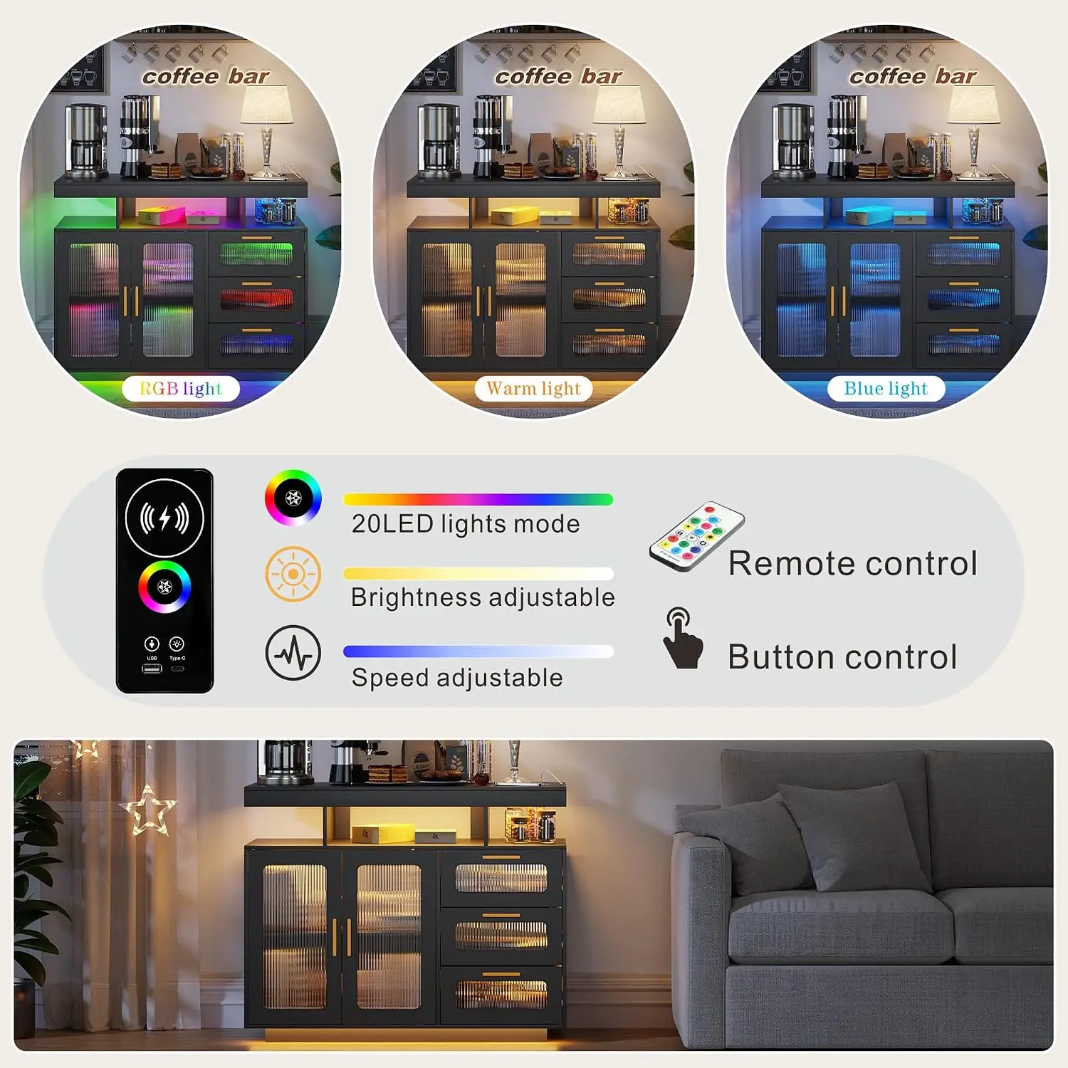 Coffee Bar Cabinet with RGB Light & Charging Station, Black, Customized