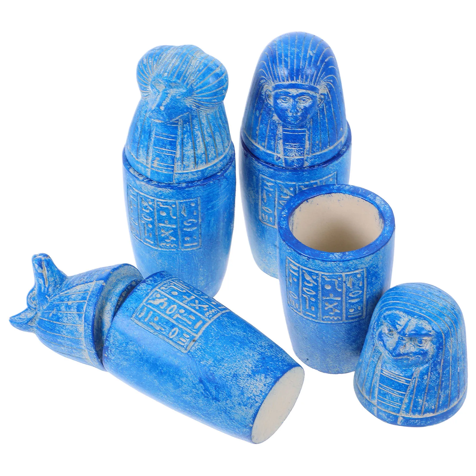 

4 Pcs Ancient Egyptian Artifacts Canopic Jars Decor Blue Horus Sculpture Set Cultural Small Airtight Storage Jar of Horus