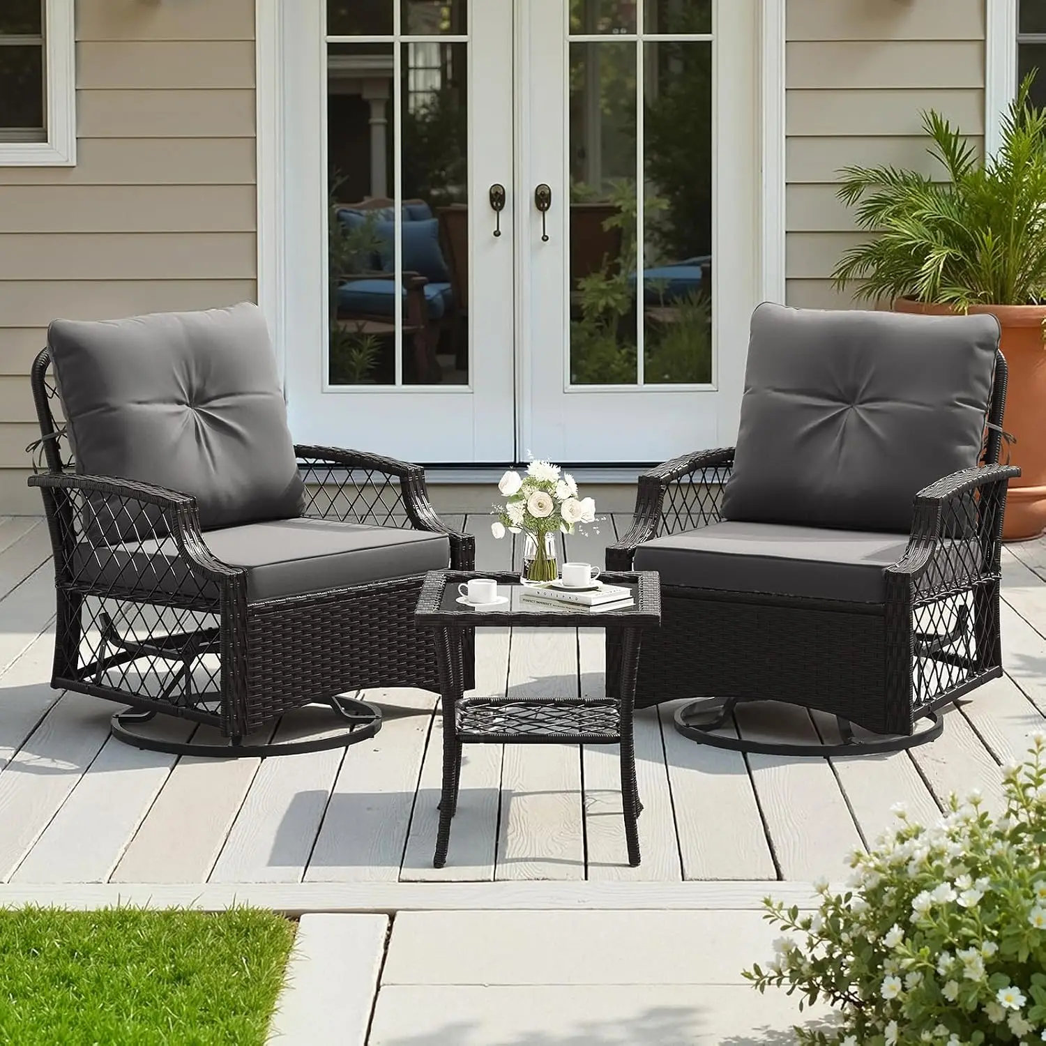 3-Piece Patio Wicker Bistro Set Swivel Glider Chairs & Side Table All-Weather Rattan 26.7