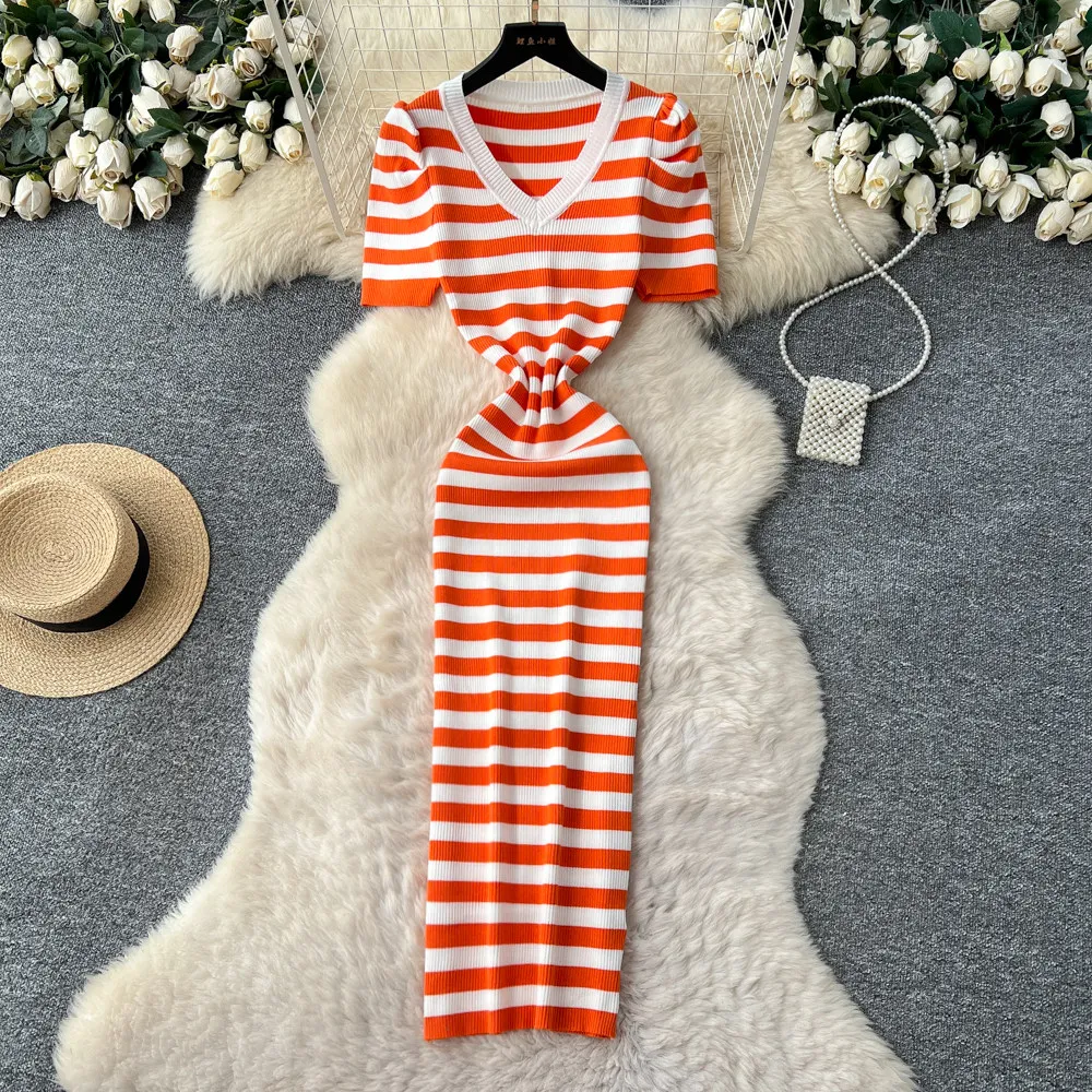 Realeft verão vintage listrado feminino malha envoltório vestidos 2026 novo decote em v manga curta casual bainha lápis vestido feminino