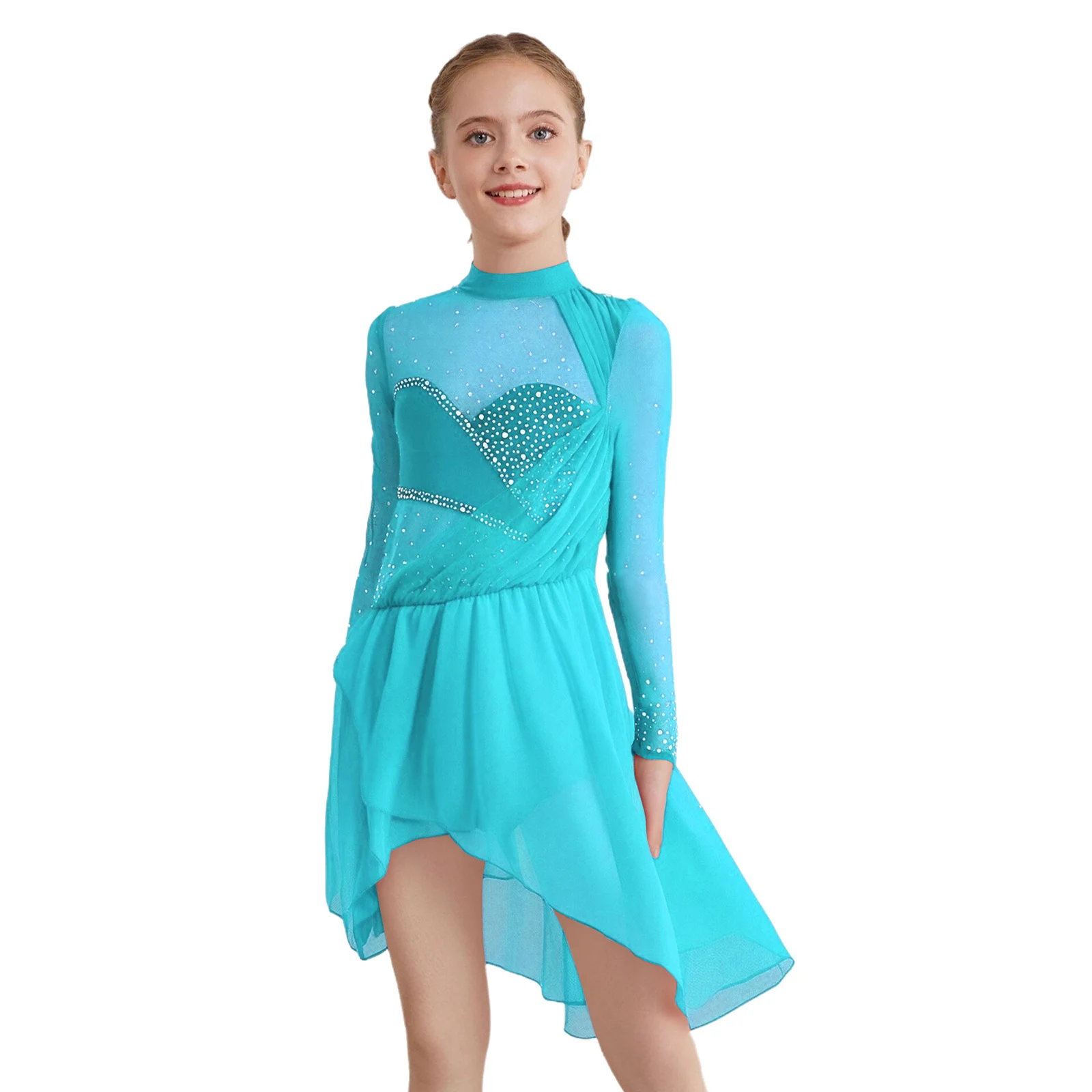 

Kids Girls Long Sleeves Shiny Rhinestones Irregular Hem Jazz Dance Dress with Built-in Briefs for Modern Dance Performance Dress
