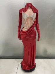Women Sexy Red Shiny Diamonds Gloves hat See through long dresses Evening Party  Photoshoot Sing Stage Performance Costume