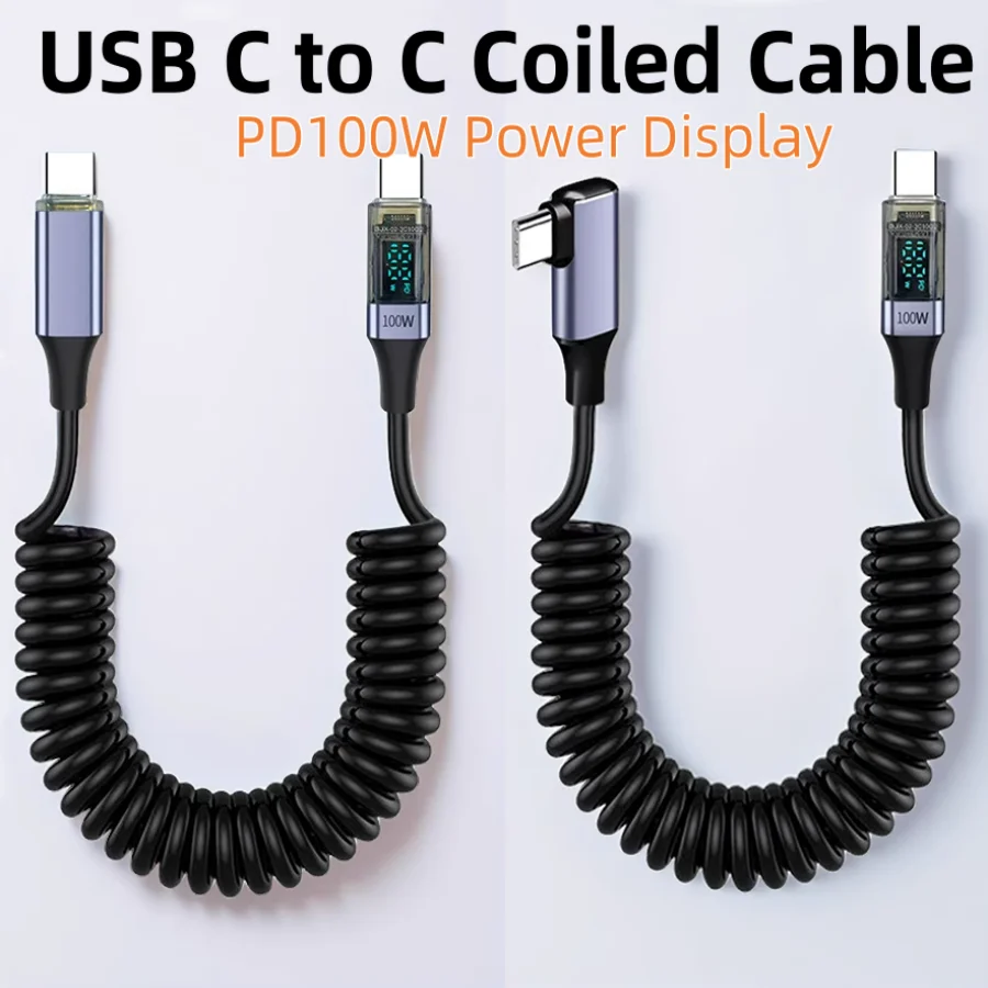 

USB C to C Coiled Spring Cord PD100W Fast Charging Cable with Power Digital Display Support 480Mbps Data Sync Carplay Phone