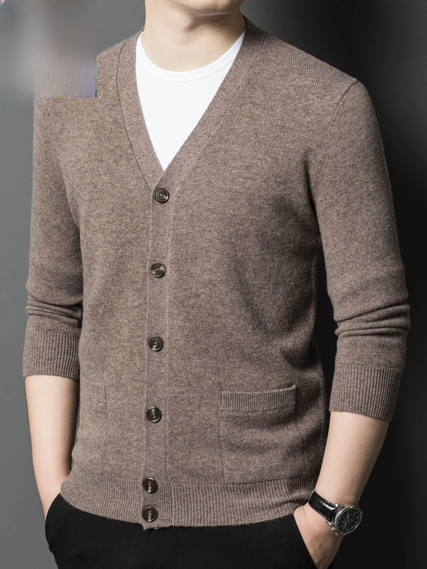 

Утепленный кардиган из чистой шерсти с V-образным вырезом, повседневная теплая верхняя одежда для мужчин среднего возраста, осенне-зимняя куртка для отдыха