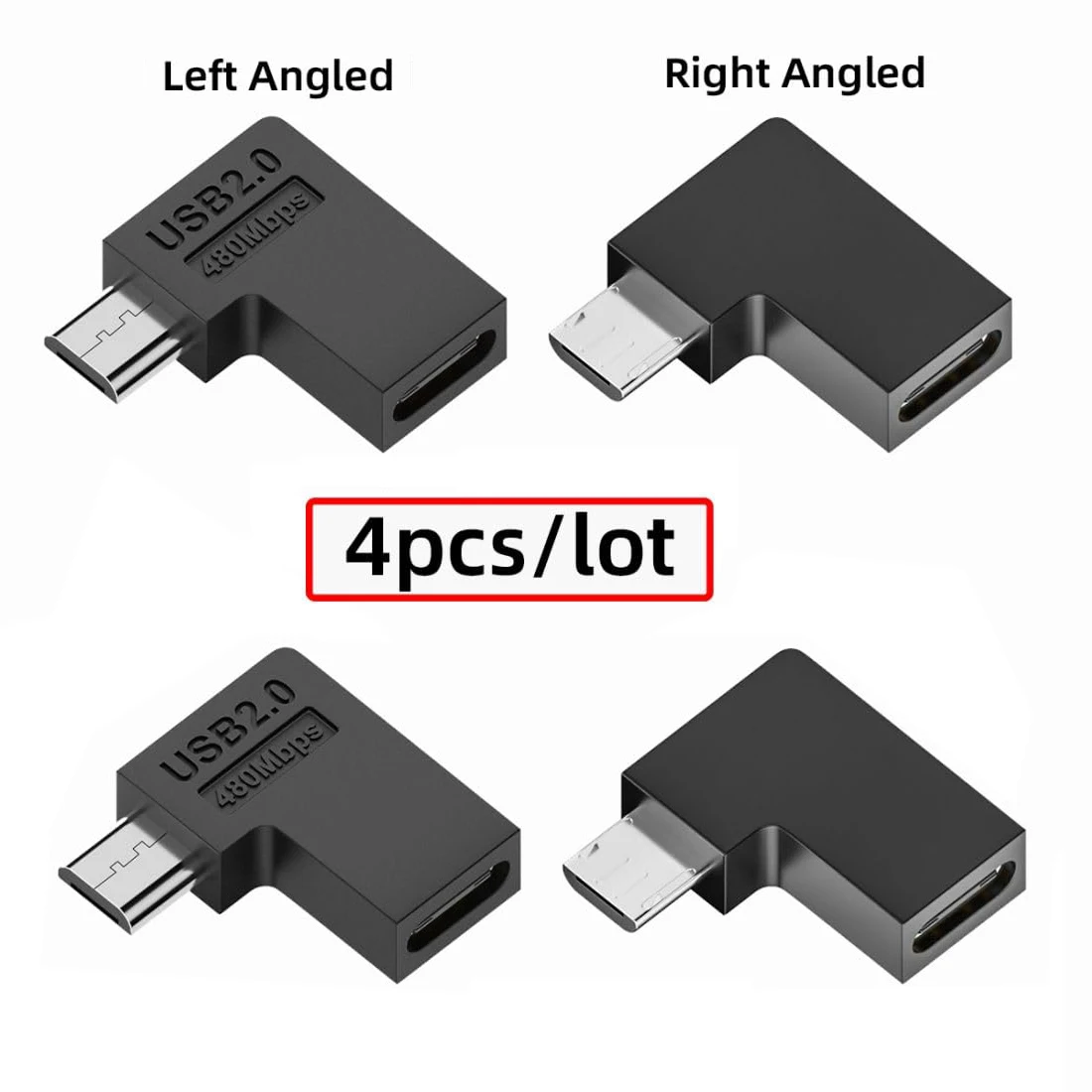 2/4 Uds USB tipo C hembra a Micro USB macho conector de conversión curva en forma de L para carga de cámara MP3 de teléfono o transferencia de datos.