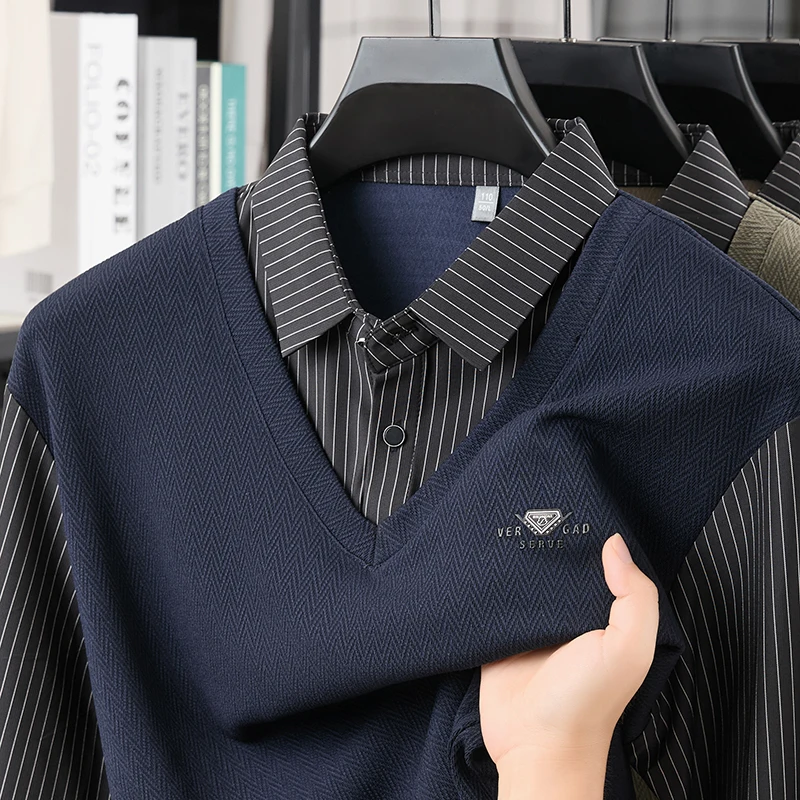 TFETTERS Two-in-one Mens Polo Shirt Long Sleeve 2026 New Arrival Spring Autumn Casual Mature Polo Shirt for Man Office Tops