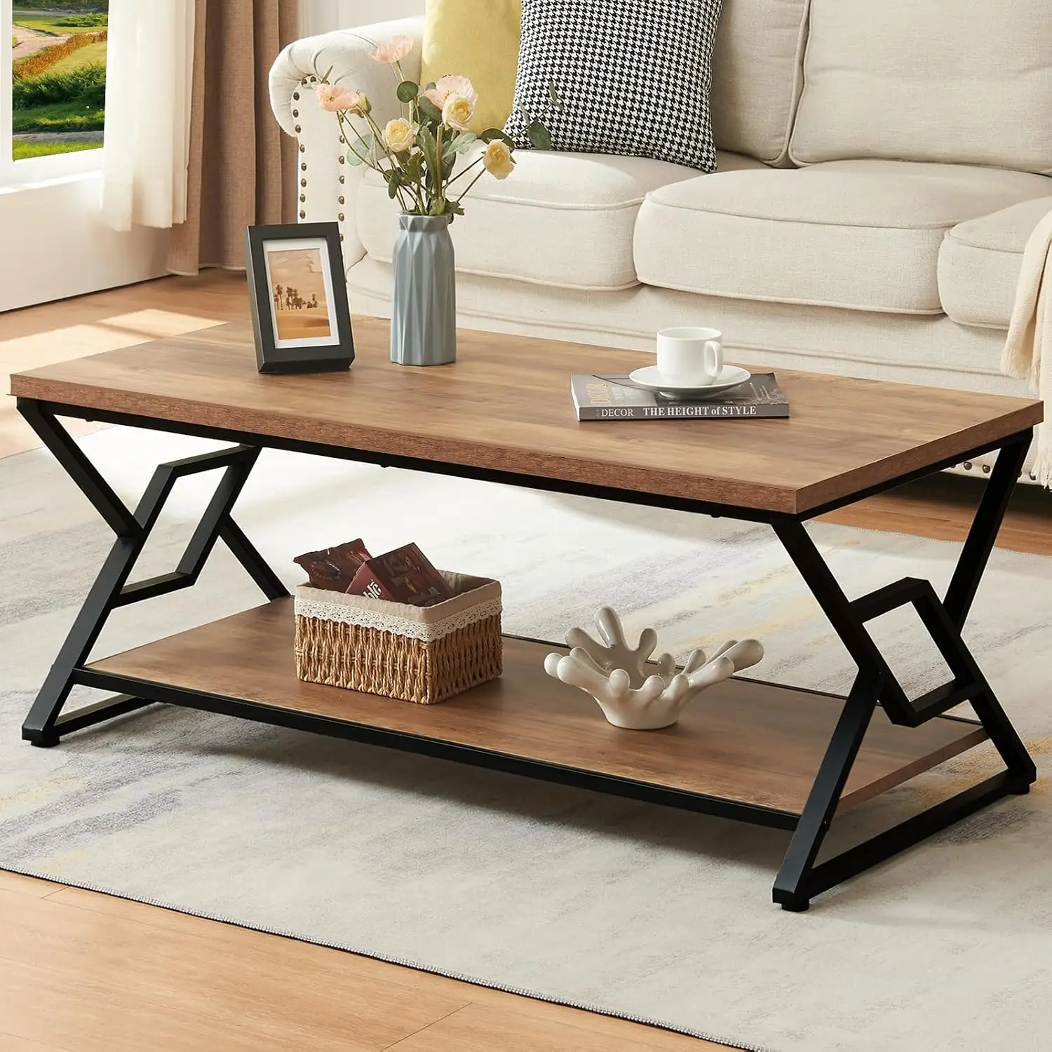 HOMISSUE Coffee Table, Rustic Rectangle Coffee Table with 2-Tier Storage, Engineered Wood Center Table with Open Shelves, Minima