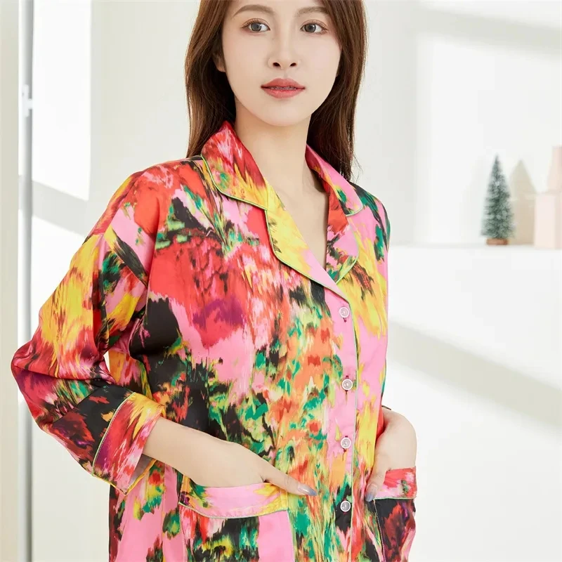 Satin Women\'s Spring Autumn Silk Like Pajamas Polo Collar Long Sleeve Pants Two Piece Set Colorful Printed Fashion Home Suit