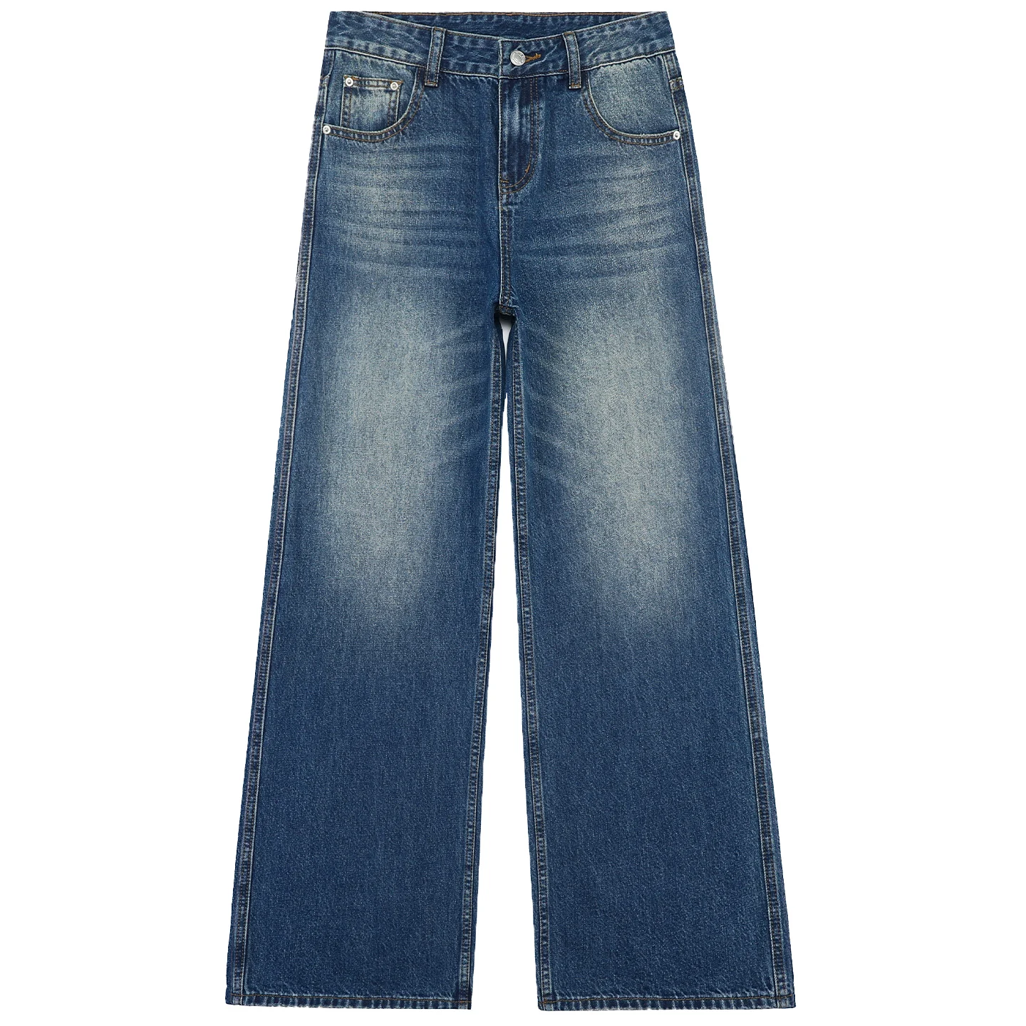 Women Vintage Blue Washed Wide Leg Jeans 2026 Early Autumn Back Pocket Heart Embroidery Loose Draped Design Denim Long Pants Y2K