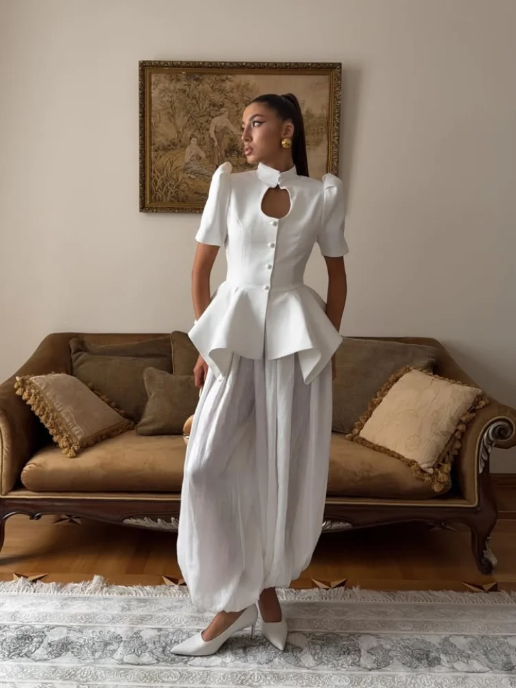 Fashion Women Ruffles Jacket Hollow Out Stand Collar Short Sleeve Single Brerasted Female Coat Elegant Lady Clothes For Party