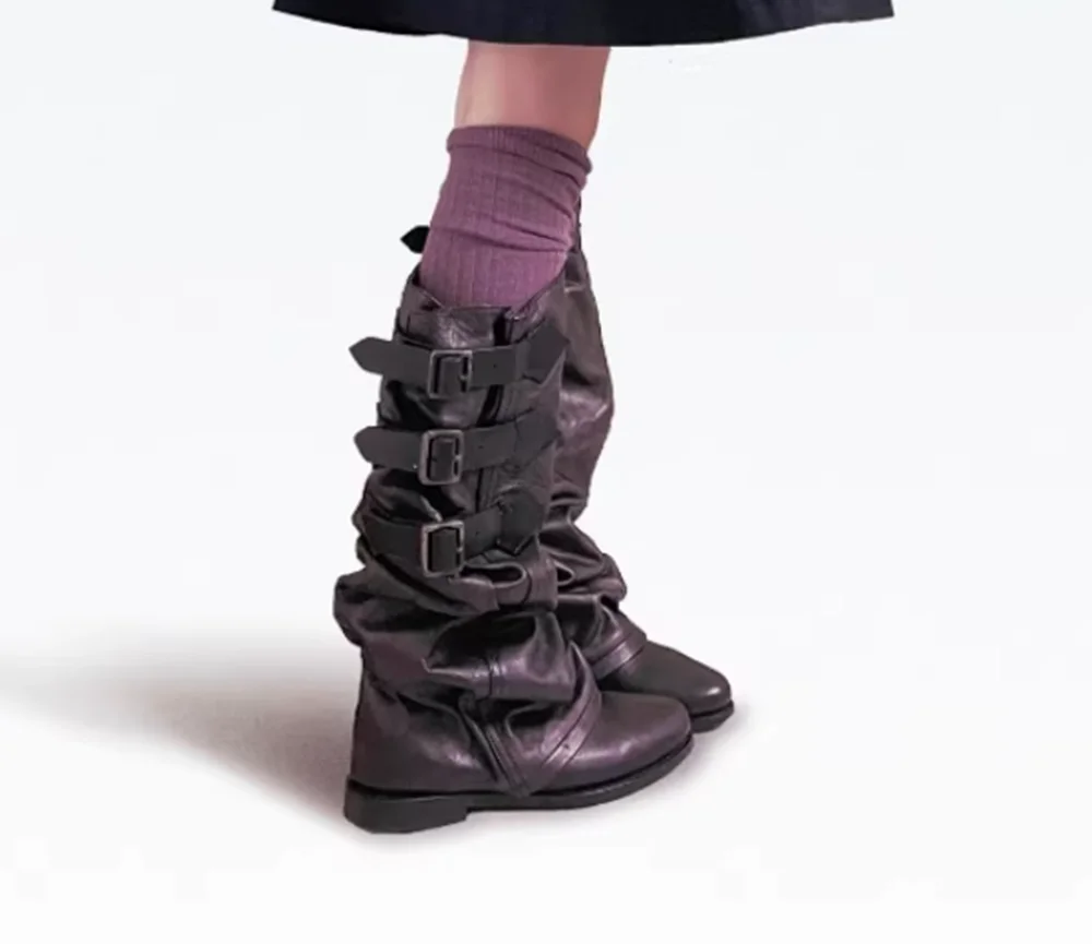 Crinkled Leather Brown Slouchy Knee-High Boots Multi-Buckle Strap Detail Round-Toe Low Flat Heel Grunge-Punk Style Casual Boots