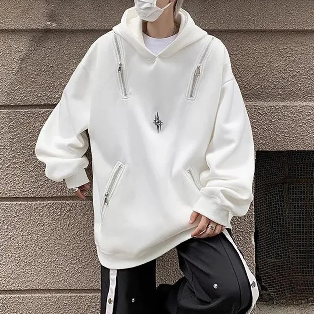 Y2k Mens Hoodie Metal Zipper Pocket Hooded Sweatshirt Autumn Casual Deconstruction Street Smart American Hip-Hop Jacket Unisex