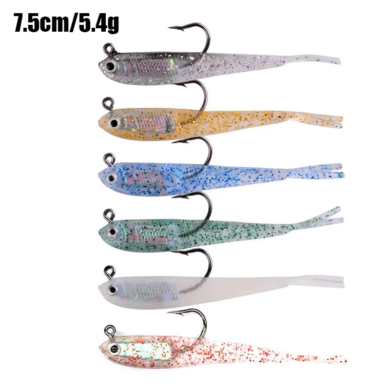 6pcs 75mm Colored Soft Fish Lure 6.5g Simulated Bait Fake Bait Lead Soft Fish Built in Reflective Lead Block with Fishhook