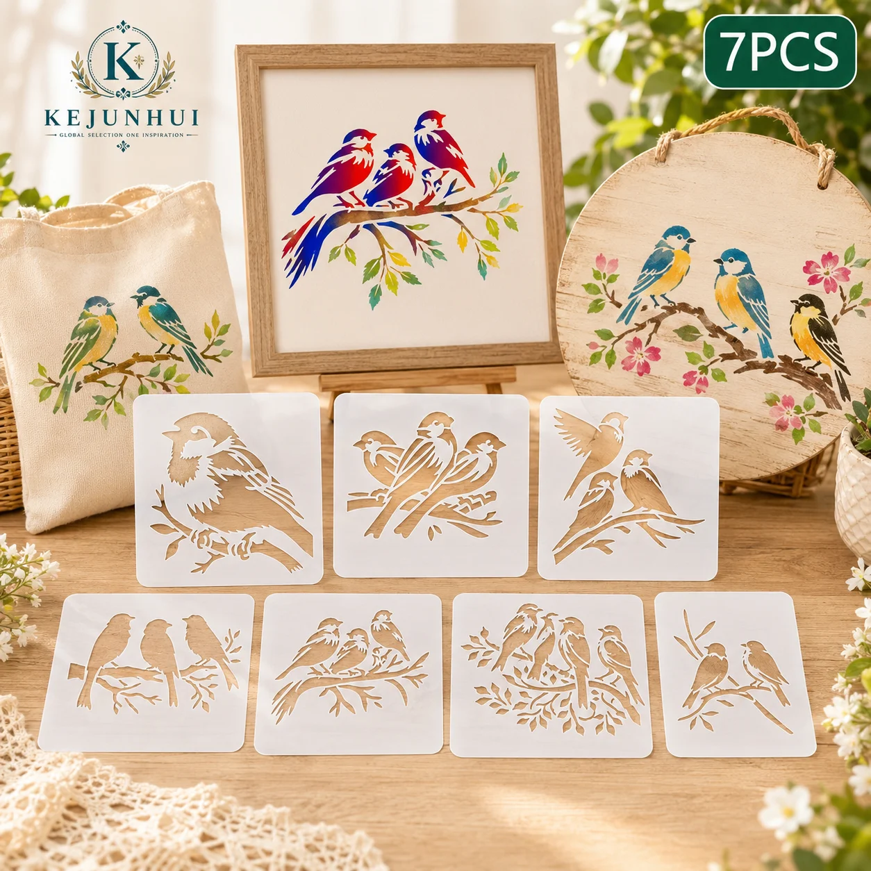 7Pcs Hummingbird Stencils Reusable PET DIY Painting Templates Bird Tree Branch for Card Making Wall Fabric Furniture Crafts